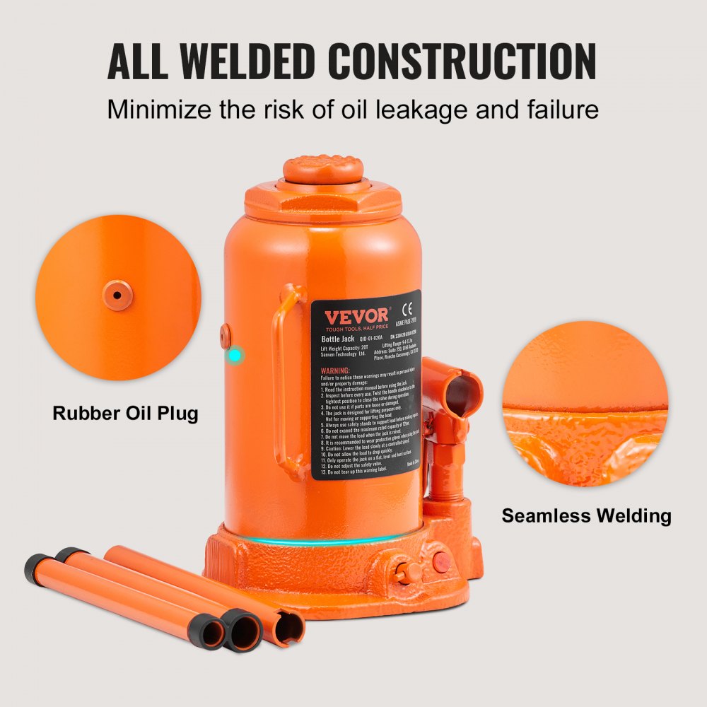 QJD-01-020A - 20 Ton Hydraulic Bottle Jack, Lifting Range 9.4-17.7 Inches