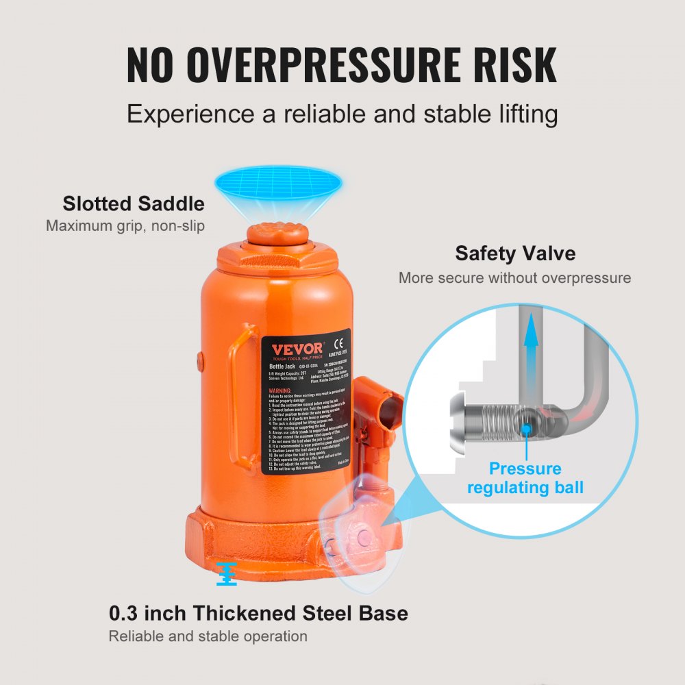 QJD-01-020A - 20 Ton Hydraulic Bottle Jack, Lifting Range 9.4-17.7 Inches