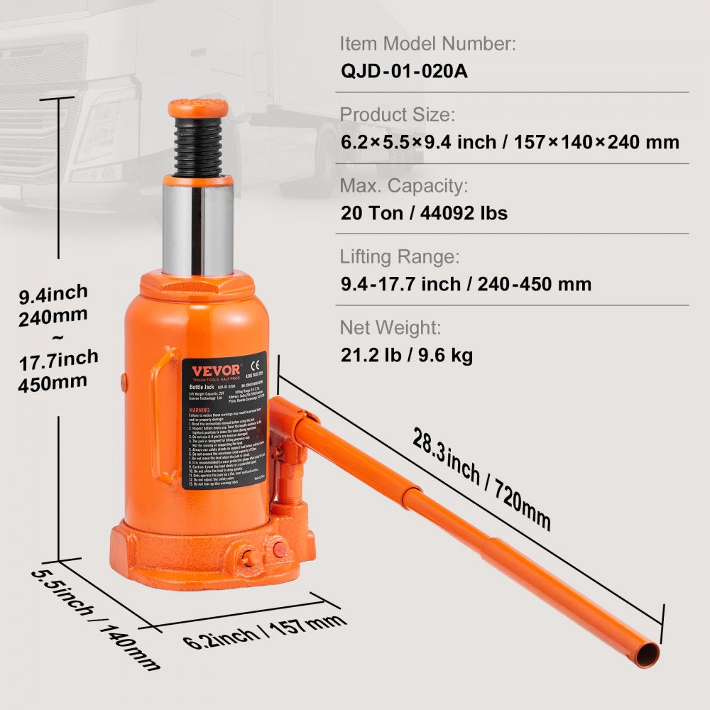 QJD-01-020A - 20 Ton Hydraulic Bottle Jack, Lifting Range 9.4-17.7 Inches