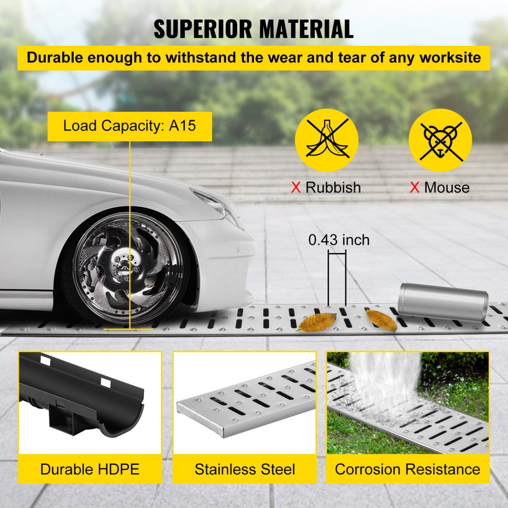 PSG100*45*5M - 1m VEVOR HDPE Trench Drain System for Durable Water Collection