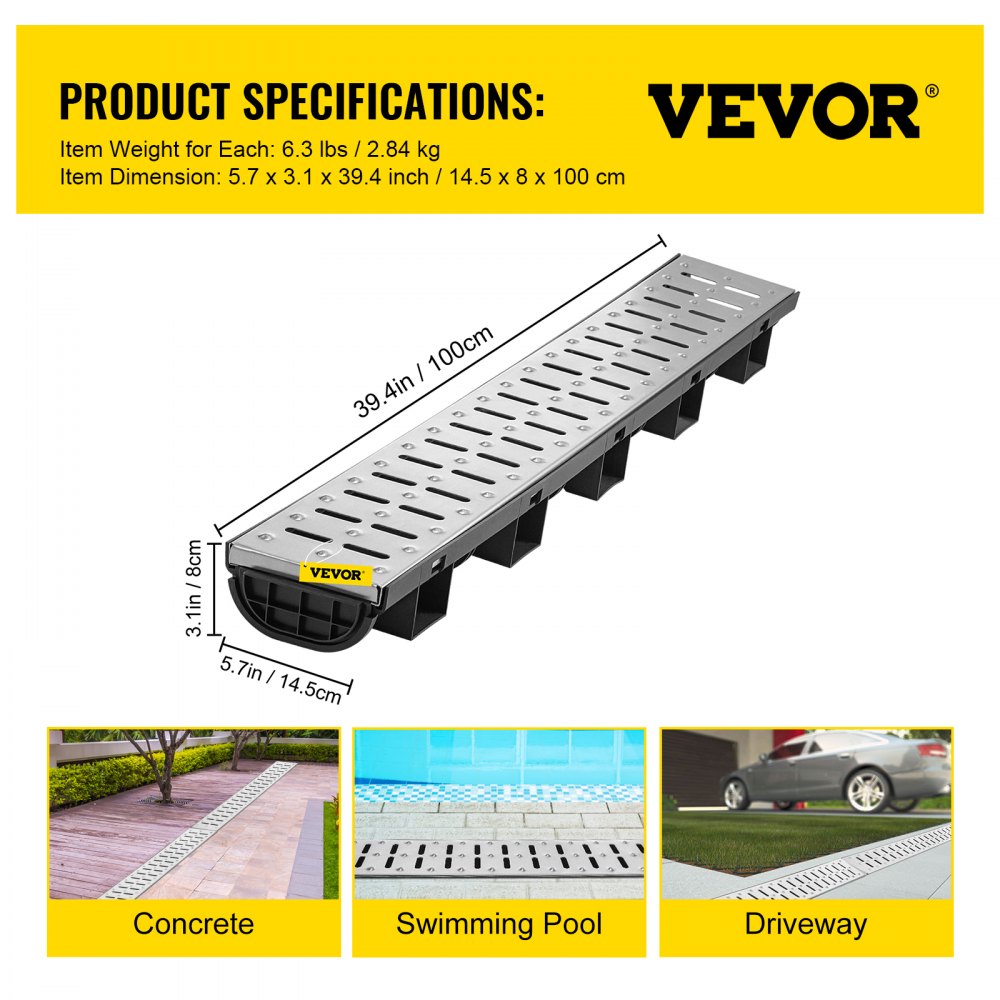 PSG100*45*5M - 1m VEVOR HDPE Trench Drain System for Durable Water Collection