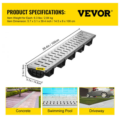 PSG100*45*5M - 1m VEVOR HDPE Trench Drain System for Durable Water Collection
