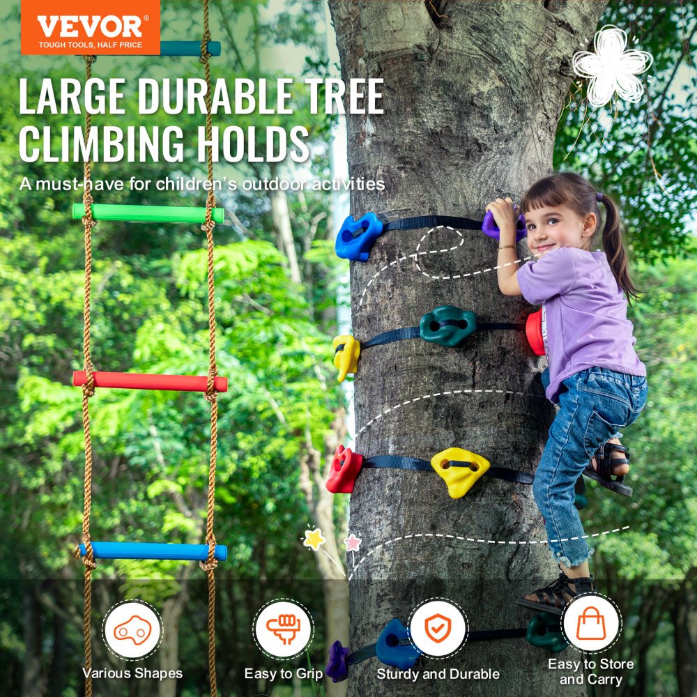 PYTZ-2 - Colorful Ninja Tree Climbing Kit with 12 Holds and 10ft Strap