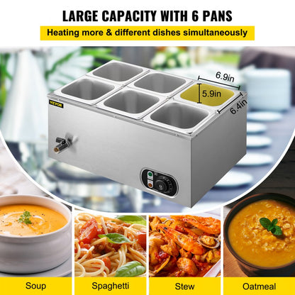 BM-33A - Stainless Steel 12.6 Qt Food Warmer with 6 Pans and Lids