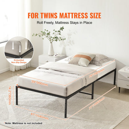 JHL-MB07-1 - 14" Twin Metal Bed Frame, 1500 lbs Capacity, Noise-Free Design