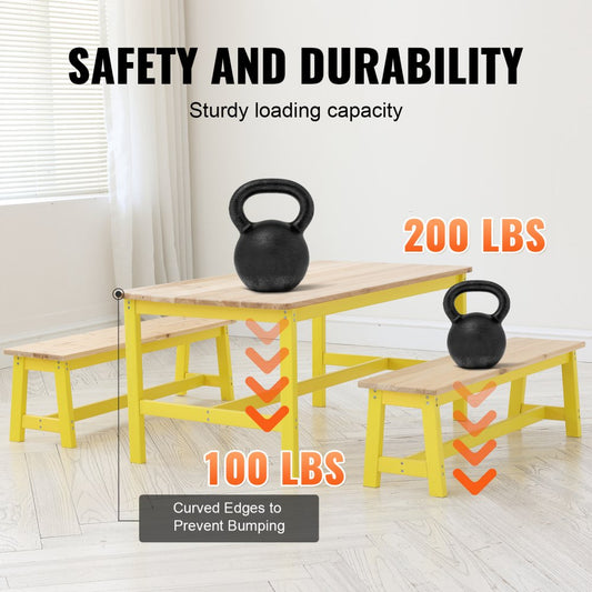 TF13068 - Durable Kids Table & Bench Set, 42" Light Wood for Ages 2-8