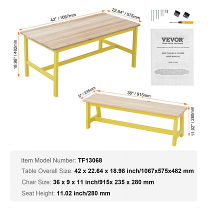 TF13068 - Durable Kids Table & Bench Set, 42" Light Wood for Ages 2-8