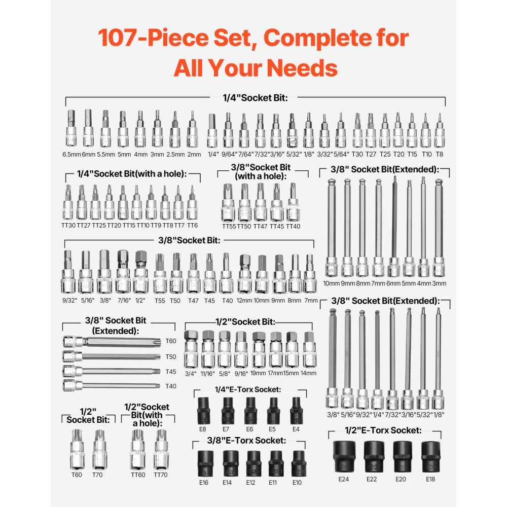 107PCS 107 THE - Durable 107-Piece High-Strength Torx Bit Socket Set with Case