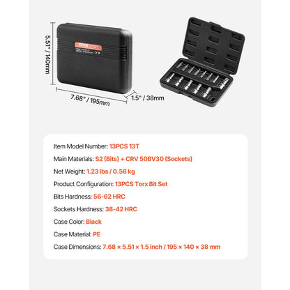 13PCS 13T - Versatile Torx Bit Socket Set with Durable Case