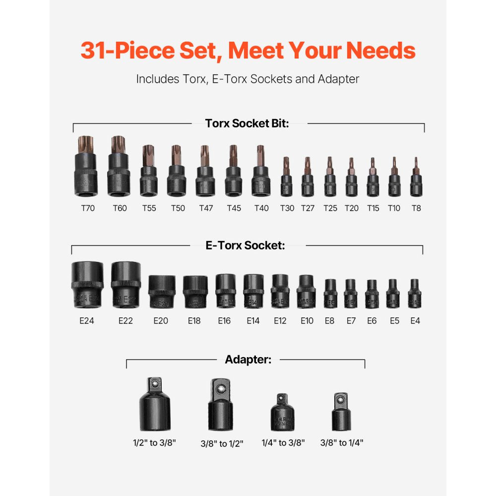 31PCS 31TE - 31-Piece Torx and E-Type Socket Set with Adapter