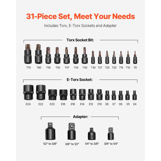 31PCS 31TE - 31-Piece Torx and E-Type Socket Set with Adapter