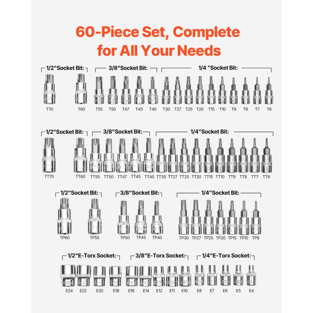 60PCS 60TE - 60-Piece Torx Bit & Socket Set With Durable S2 Steel