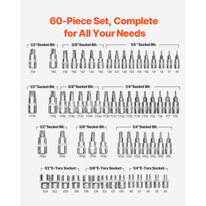 60PCS 60TE - 60-Piece Torx Bit & Socket Set With Durable S2 Steel