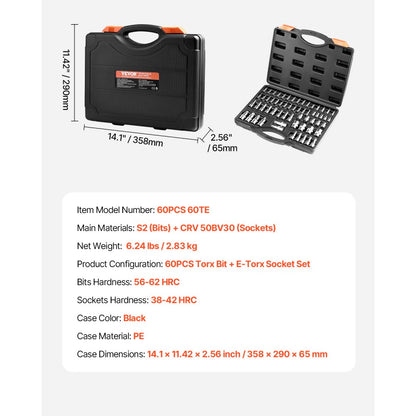 60PCS 60TE - 60-Piece Torx Bit & Socket Set With Durable S2 Steel