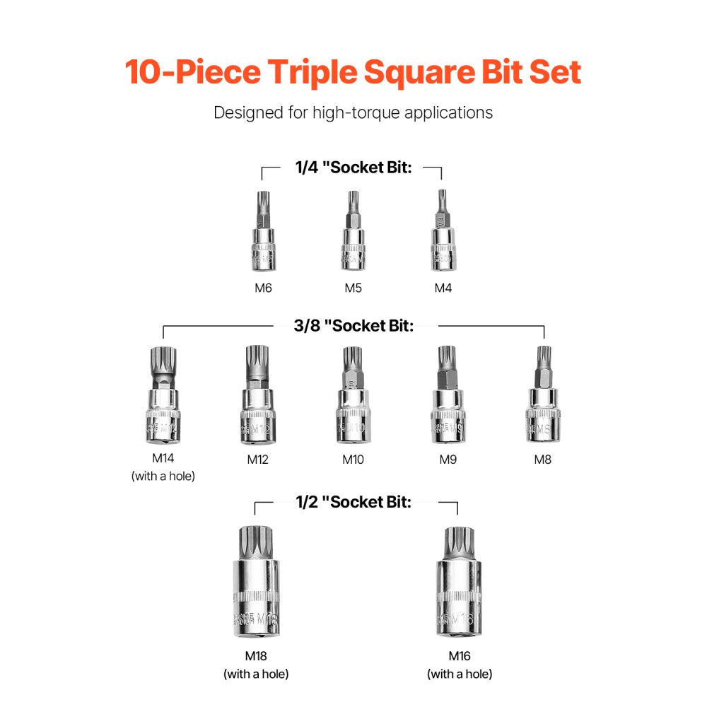 10PCS 10M - Durable XZN Triple Square Spline Socket Set with Case