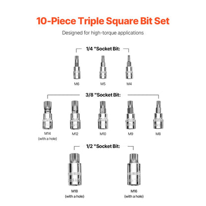 10PCS 10M - Durable XZN Triple Square Spline Socket Set with Case