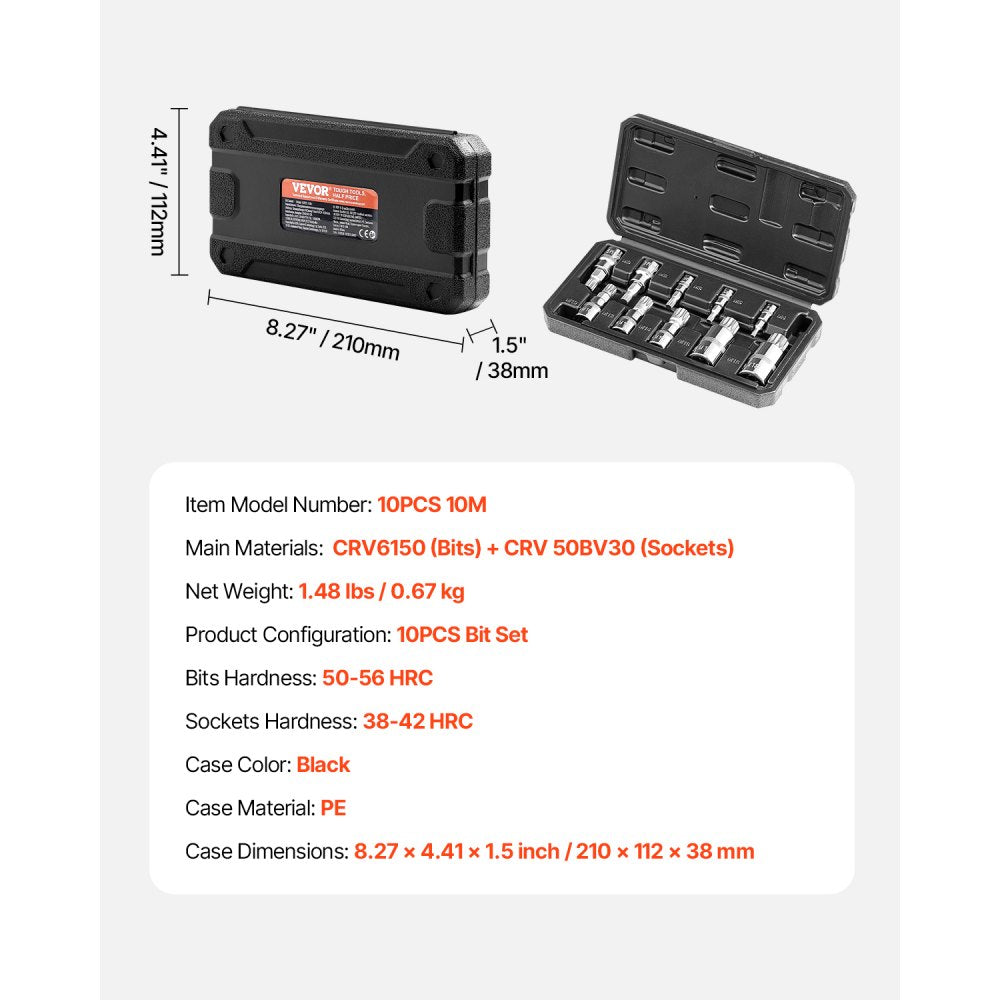 10PCS 10M - Durable XZN Triple Square Spline Socket Set with Case
