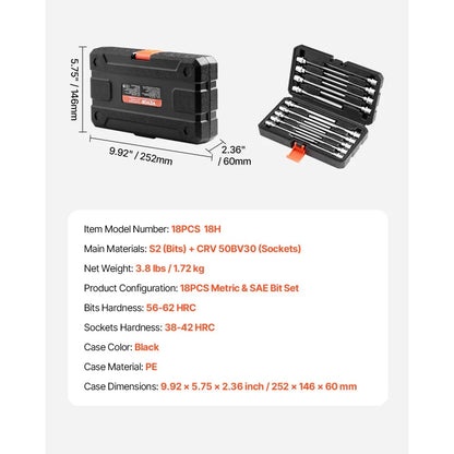 18PCS 18H - Durable 18-Piece Hex Bit Socket Set with Storage Case