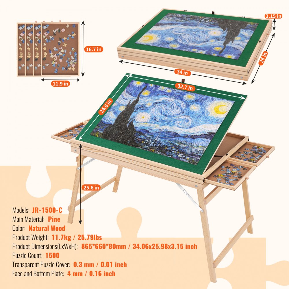 JR-1500-C - 32.7" Puzzle Table with 4 Drawers for Enthusiasts