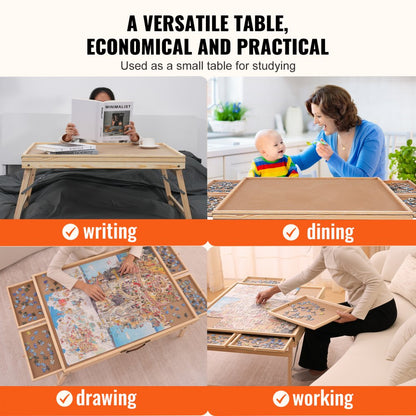 JR-1500-A - 32.7"x24.6" Pine Puzzle Table with 4 Drawers & Folding Legs