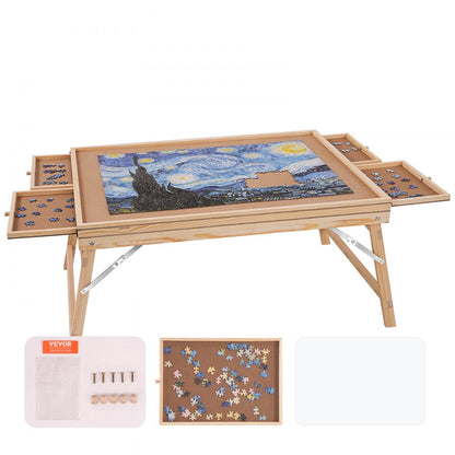 JR-1500-A - 32.7"x24.6" Pine Puzzle Table with 4 Drawers & Folding Legs