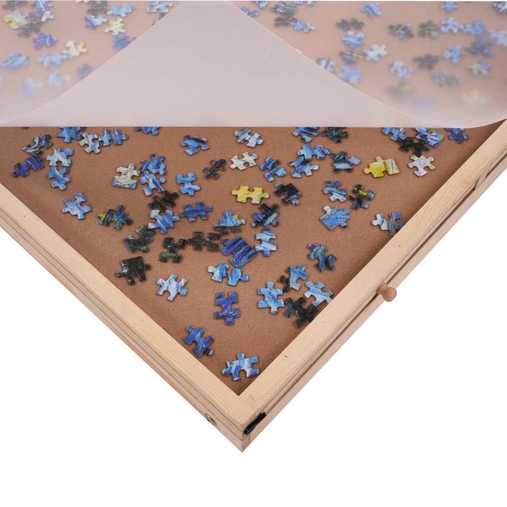 JR-1500-A - 32.7"x24.6" Pine Puzzle Table with 4 Drawers & Folding Legs