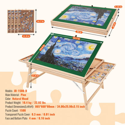 JR-1500-B - Adjustable Pine Wood Puzzle Table for 1500-Piece Jigsaws