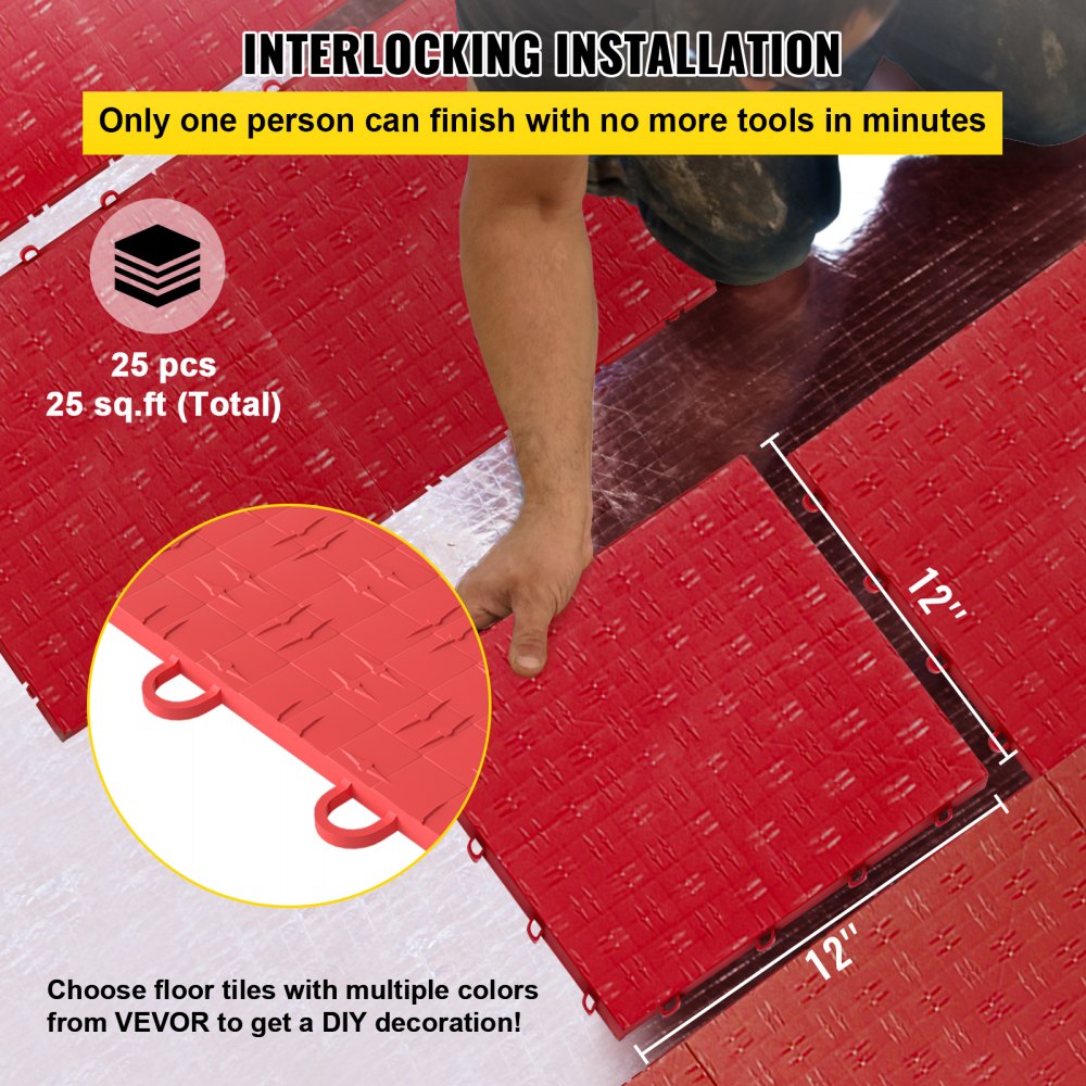 VV-PVCDB-H25 - Red 12'' x 12'' Interlocking Garage Tiles, Waterproof & Non-Slip