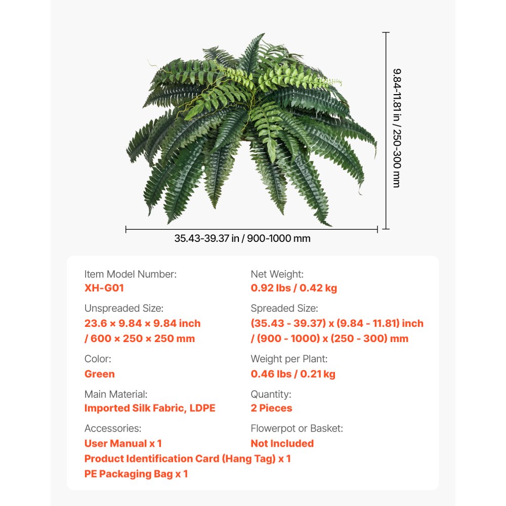 XH-G01 - Lush Artificial Boston Fern, 35 Branches, No Upkeep Needed