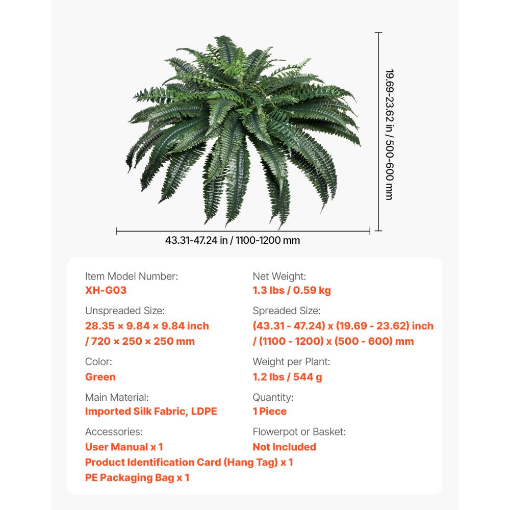XH-G03 - 47 Inch Lush Faux Boston Fern for Indoor/Outdoor Decor