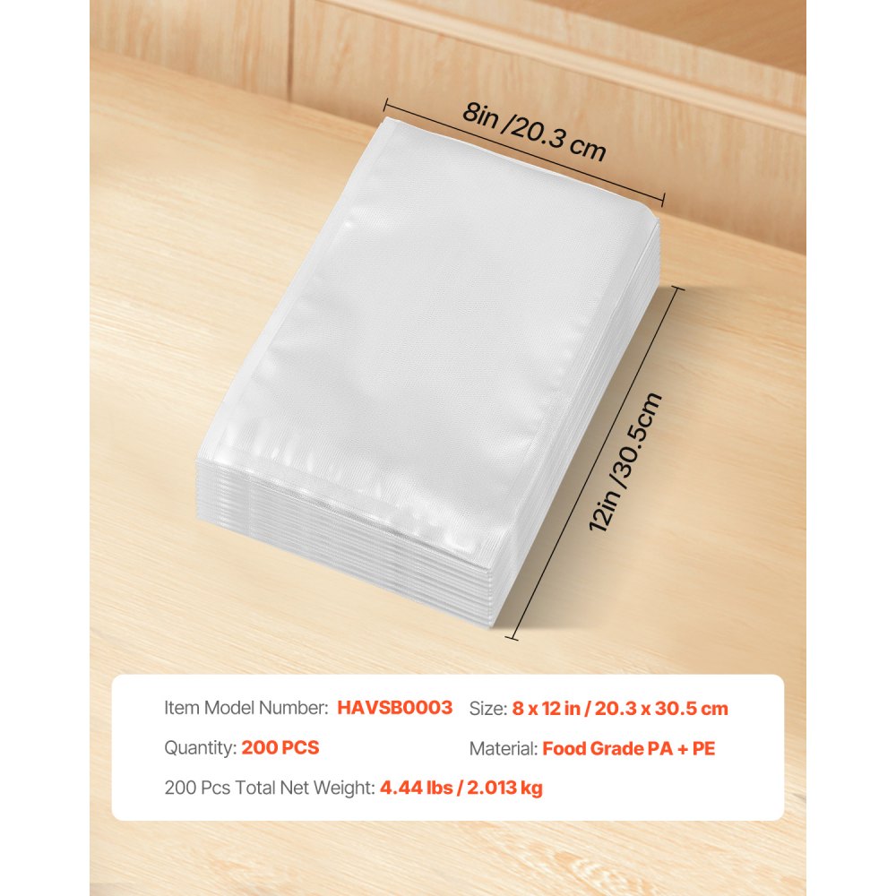 HAVSB0003 - 200 PCS Non-BPA Vacuum Bags 8 x 12 Inch for Food Preservation