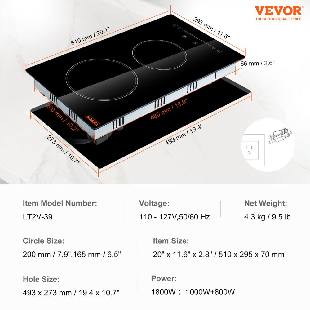 LT2V-39 - 20x11.6" VEVOR Electric Cooktop with Touch Control & Radiant Heat