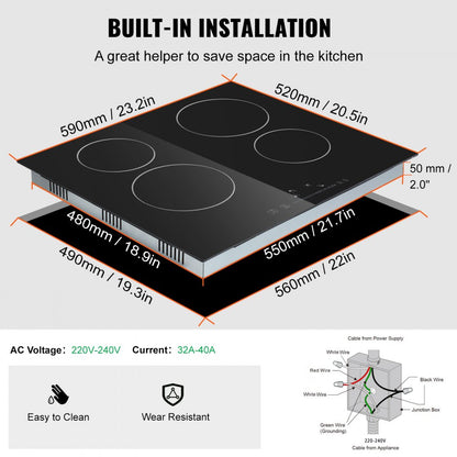 LT4-77 - 6000W Built-in Electric Cooktop with 4 Burners and Touch Control