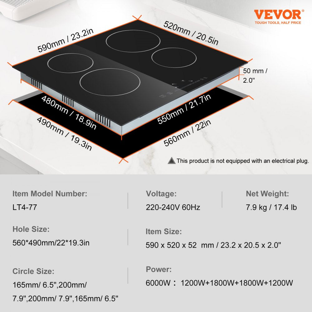 LT4-77 - 6000W Built-in Electric Cooktop with 4 Burners and Touch Control