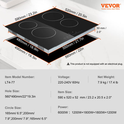 LT4-77 - 6000W Built-in Electric Cooktop with 4 Burners and Touch Control