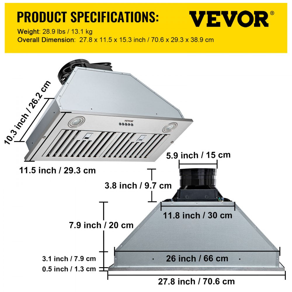 E70-27 - 30" 800CFM Stainless Steel Range Hood with 3 Fan Speeds