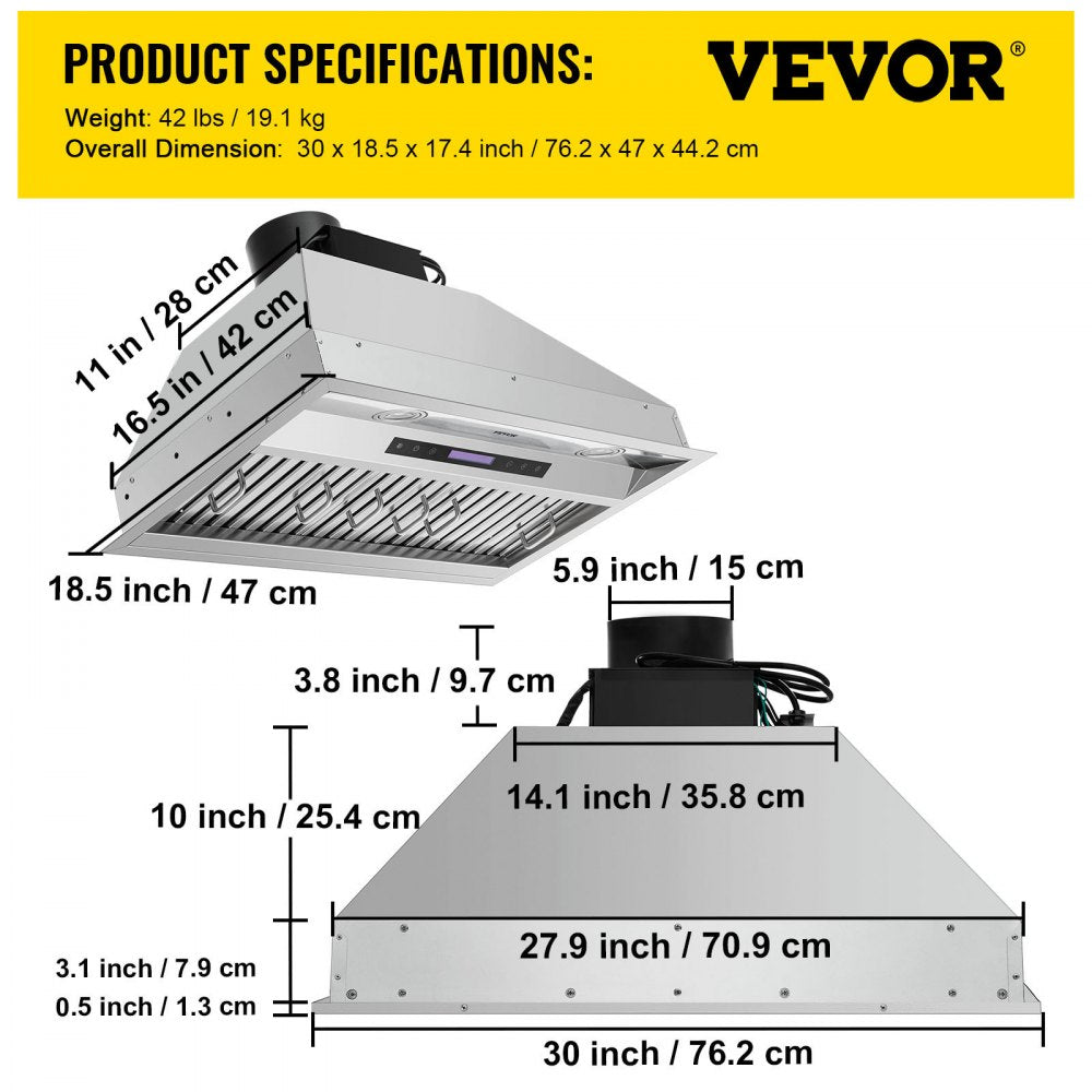 E70-30-SS - 30" Stainless Steel Range Hood with 900CFM Suction Power
