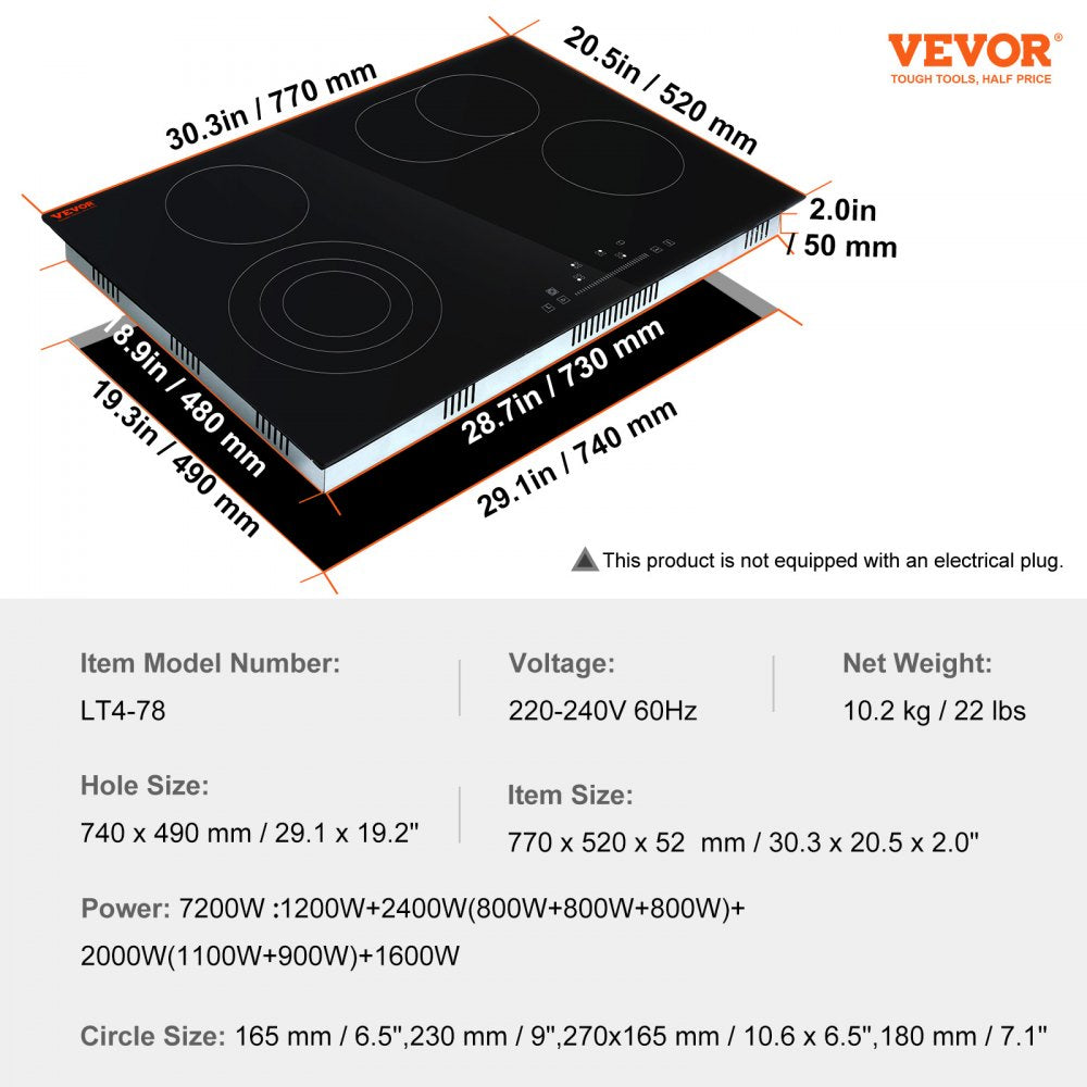 LT4-78 - 30" Electric Cooktop with 4 Burners & Touch Controls