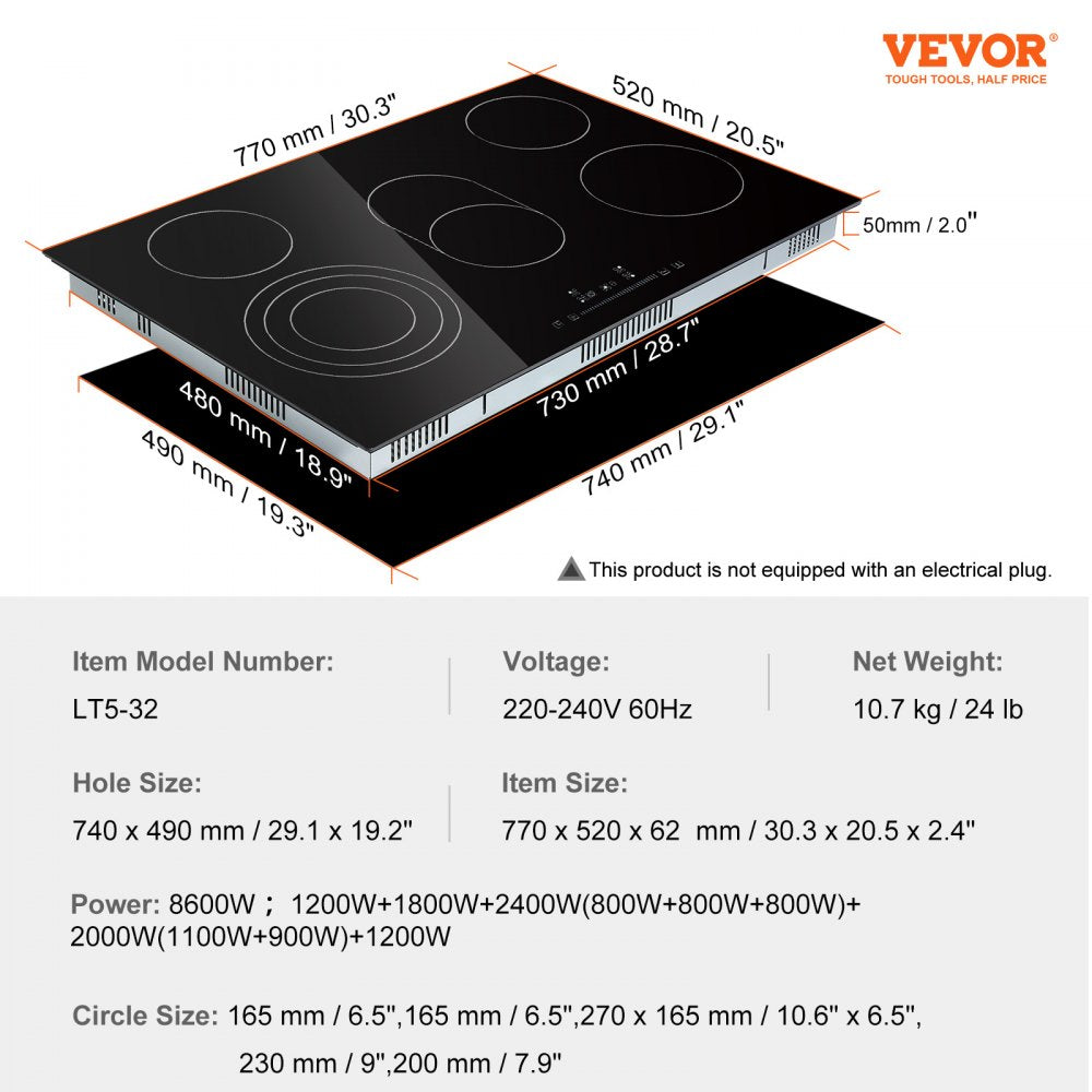 LT5-32 - 30.3" Glass Electric Cooktop with 5 Burners & Touch Controls