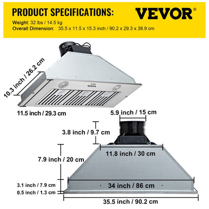 E70-36 - 36-Inch VEVOR Range Hood with Adjustable Speeds and LED Lights
