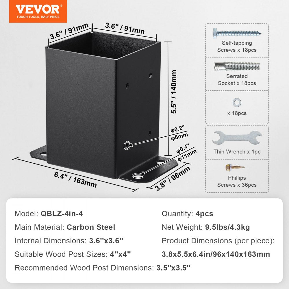 QBLZ-6in-4 - Durable 4x4 Post Base Brackets, 3.8x5.5x6.4 Inches