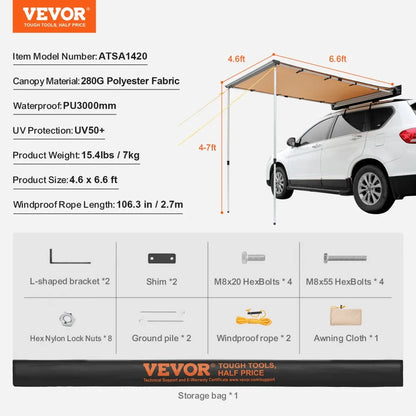 ATSA1420 - VEVOR 4.6x6.6 ft Waterproof Car Awning with UV Protection
