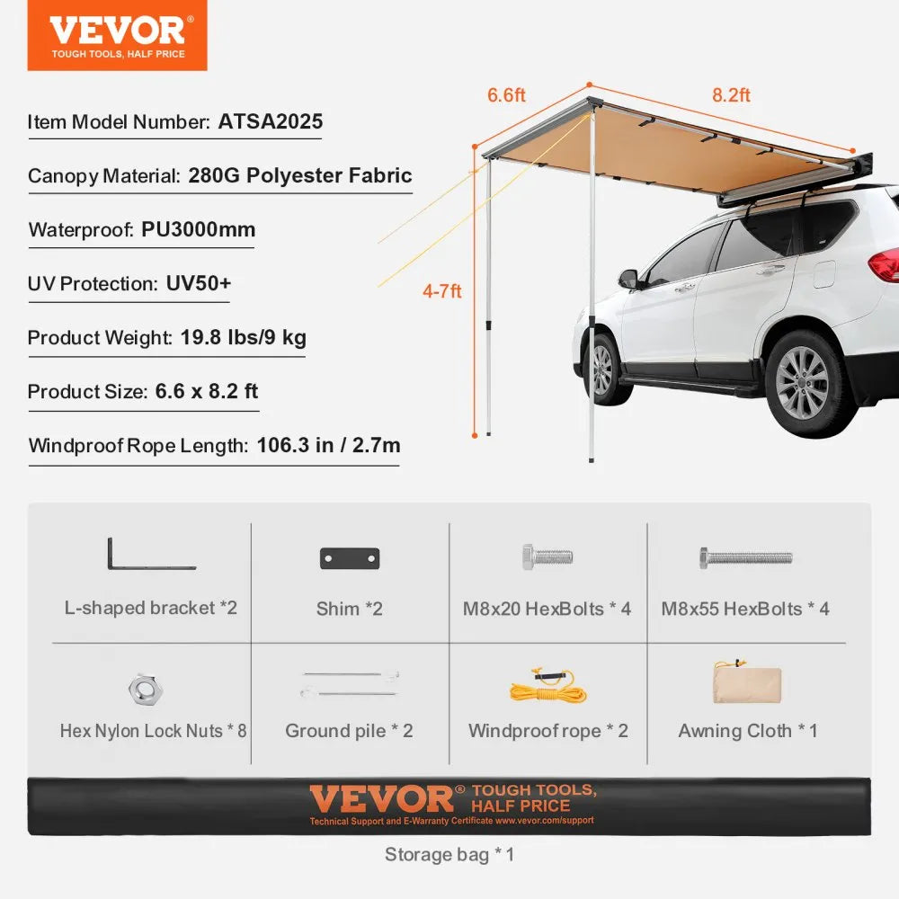 ATSA2025 - UV50+ Waterproof Retractable Side Awning for Vehicles