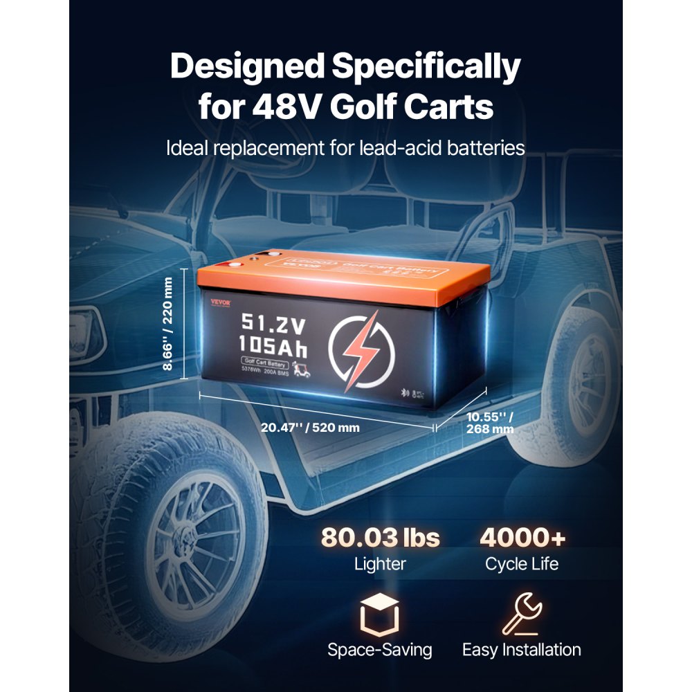 HD-51.2-100-SK - 105Ah 48V Lithium Golf Cart Battery with LCD Display