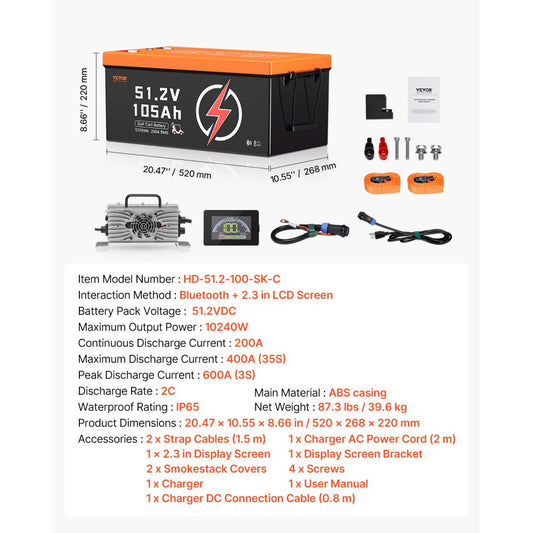 HD-51.2-100-SK-C - 105Ah 48V Lithium Battery with LCD & Bluetooth Monitoring