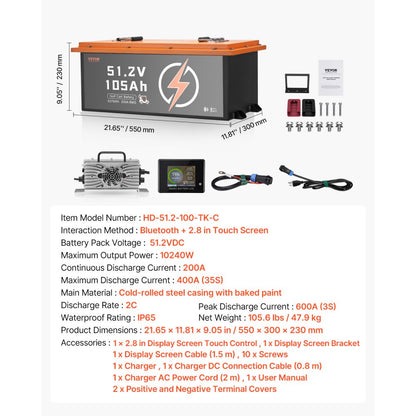 HD-51.2-100-TK-C - 105Ah Lithium Battery with LCD & Bluetooth Connectivity
