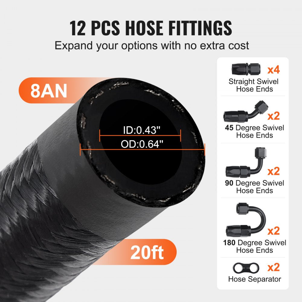 CPE-8AN-20ft - 20FT 8AN Fuel Line Kit, Durable Nylon & Stainless Steel Design