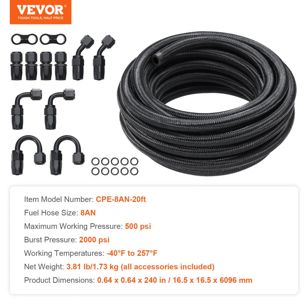 CPE-8AN-20ft - 20FT 8AN Fuel Line Kit, Durable Nylon & Stainless Steel Design