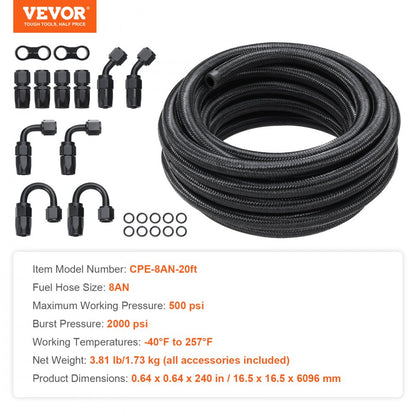 CPE-8AN-20ft - 20FT 8AN Fuel Line Kit, Durable Nylon & Stainless Steel Design