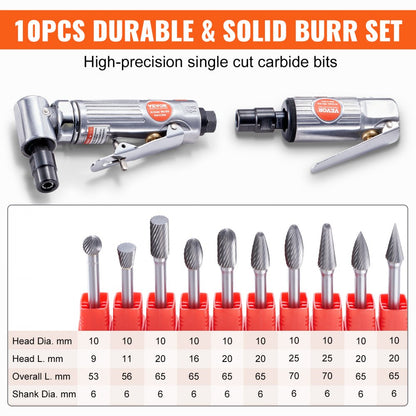 WFG-1015+WFG-1010 - Heavy-Duty Air Die Grinder Kit with 10 Tungsten Burrs